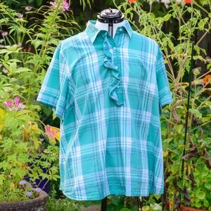 Land’s End sh. sl. ruffled front placket collar, button-up shirt, aqua Plaid